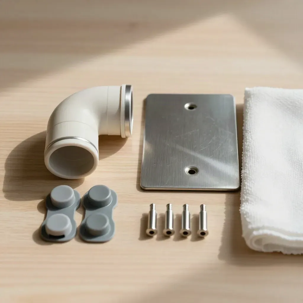 Top-down hospital maintenance kit with conduit elbow, junction cap, wall plate, and wipe on pale wood.