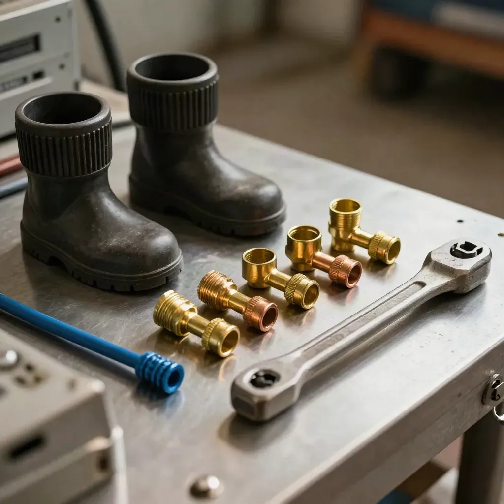 Industrial electrical maintenance kit with cable glands, ferrules, lugs, and torque wrench on brushed steel.