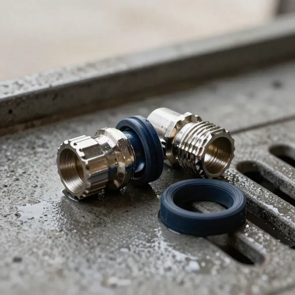 Macro of stainless hose couplings, navy gasket rings, and a wet drain grate on concrete.