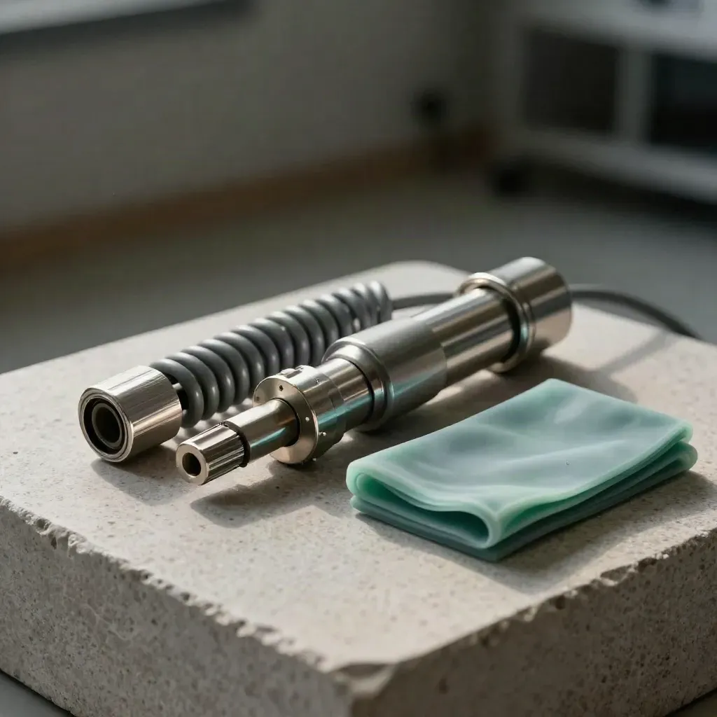 Cleanroom power components on stone with a connector cap beside a stainless probe.