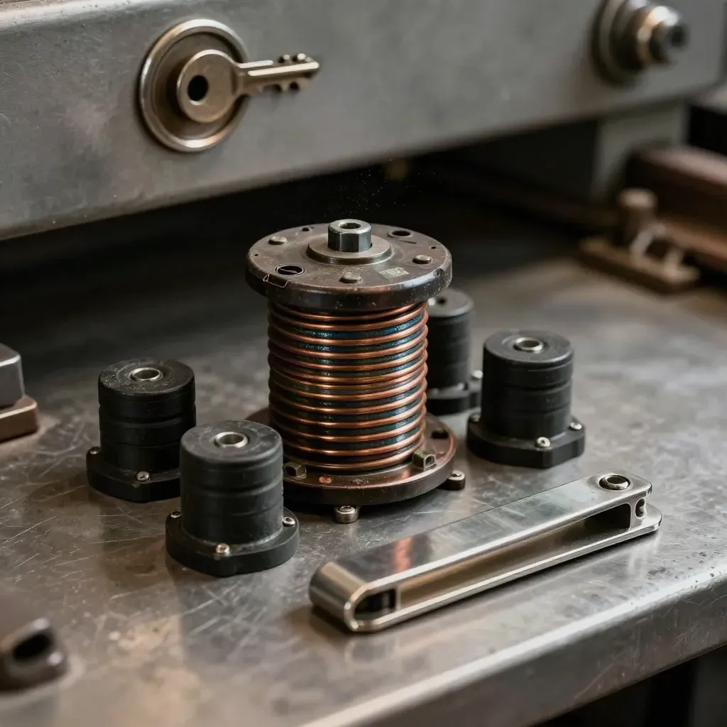 Rail maintenance kit with relay coil, fasteners, mounts and a steel clip on brushed metal.