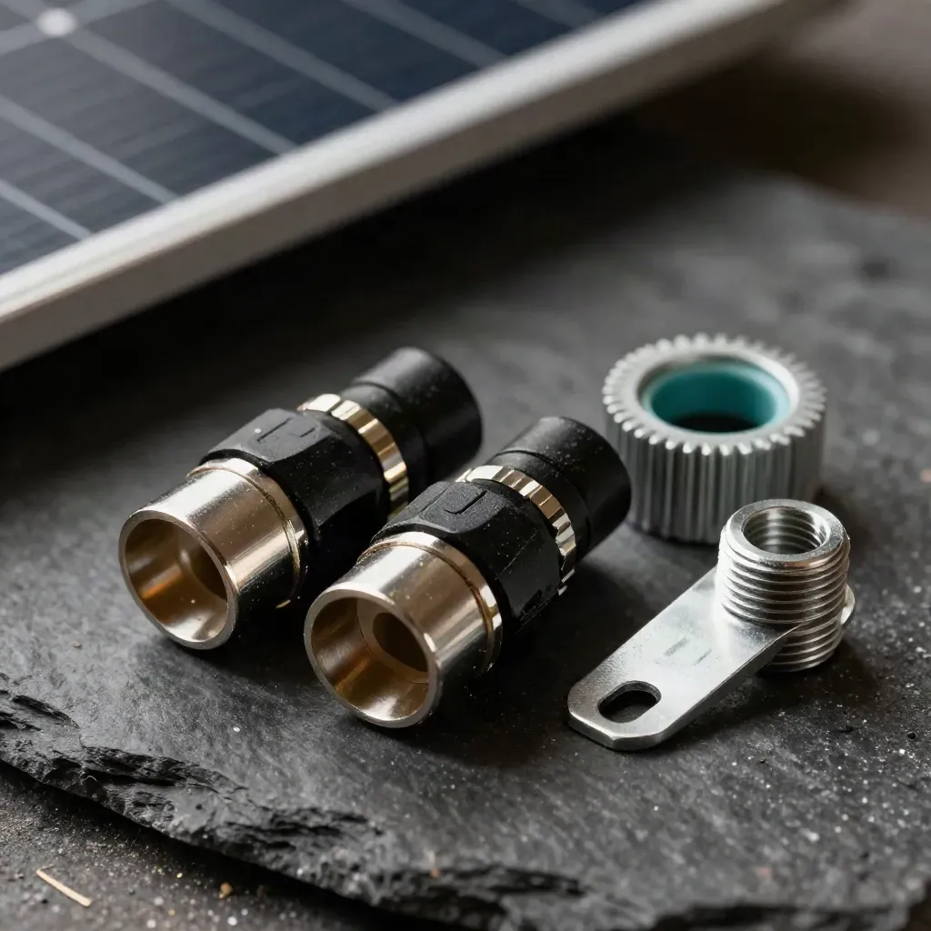 Solar connectors, grommet, rail clip, and cable gland on dark stone in a close premium macro.