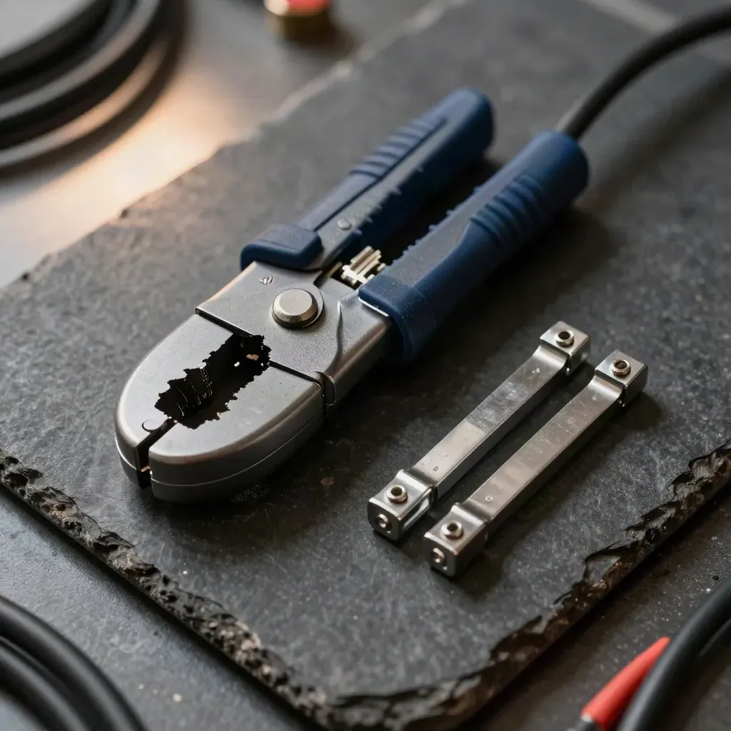 Clamp-on current probe and cable ferrules on a graphite work mat, macro close-up.