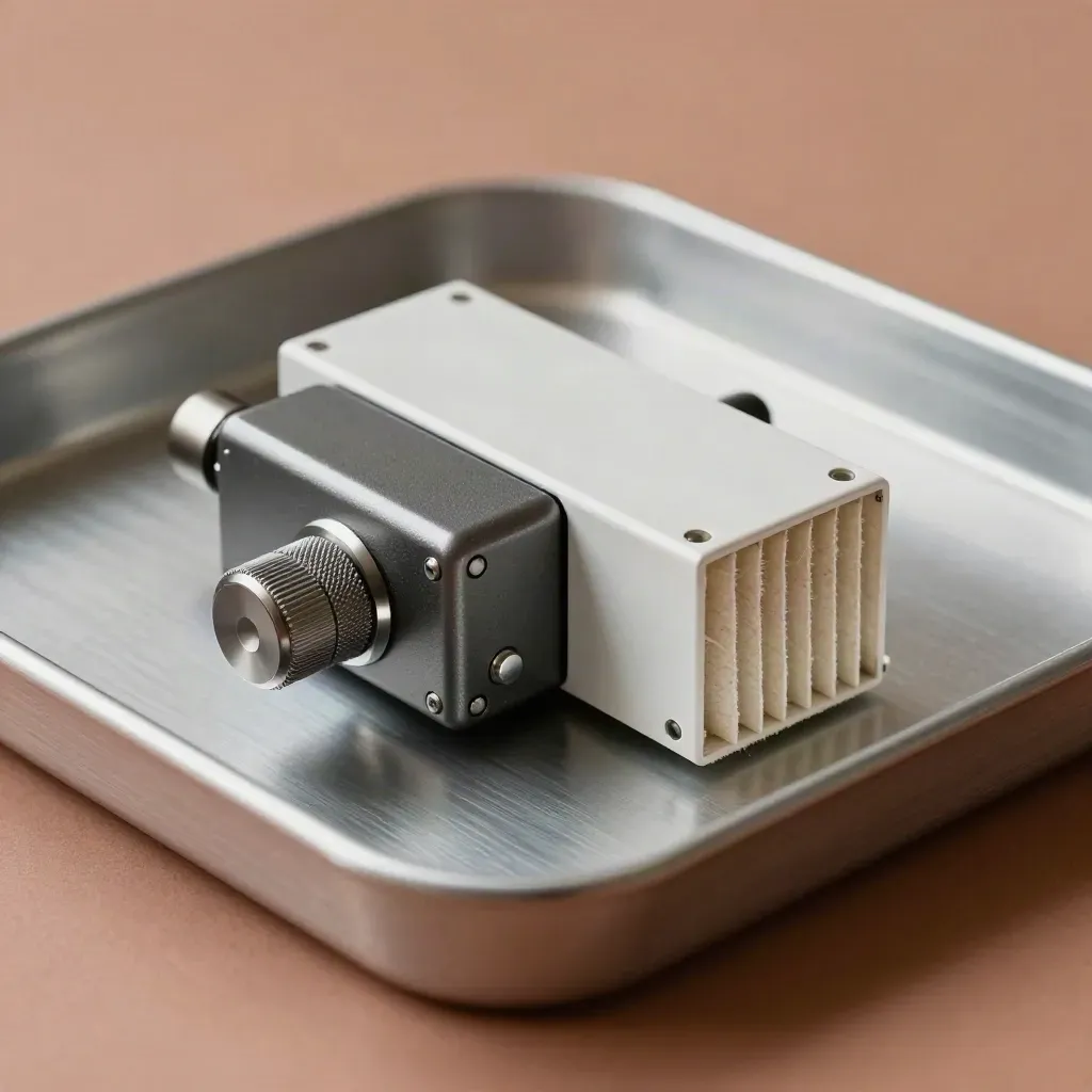 HVAC retrofit parts on brushed metal: damper actuator, LED driver, and pleated filter corner.