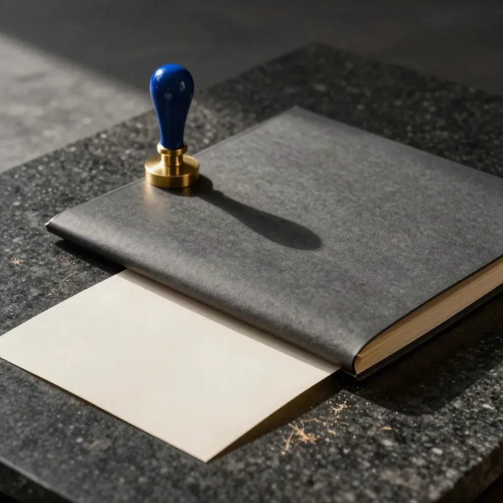 Seal press, carbon paper, and closed report folder on dark stone