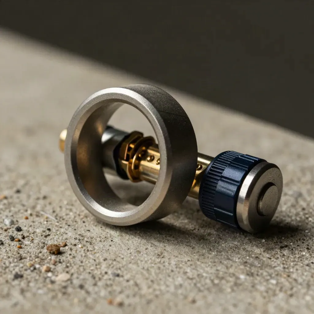 Macro of a meter ring, sealed fuse link and tariff lock cap on concrete.