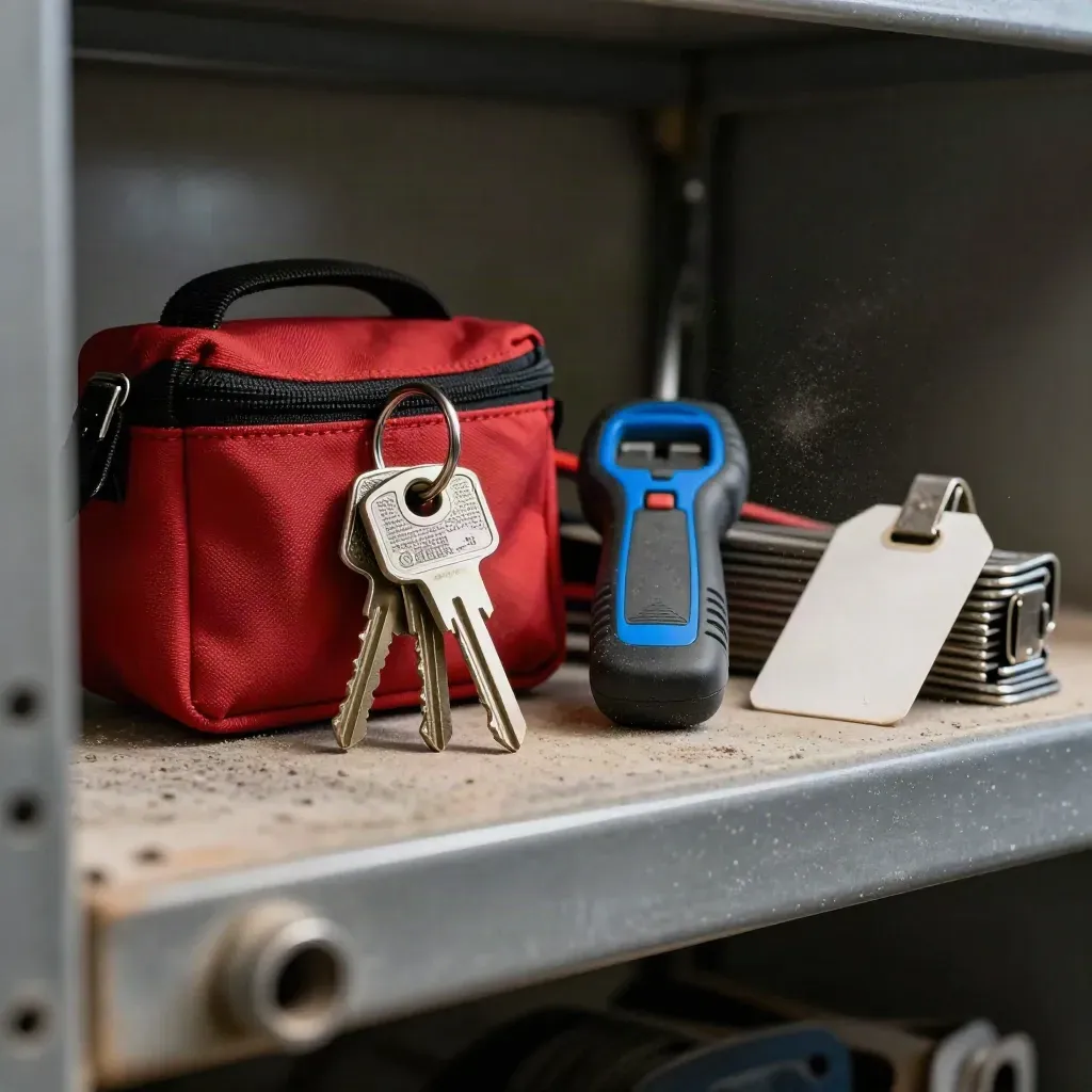 Maintenance shelf with lockout kit, keys, cable tester and site tags seen past a pipe flange.