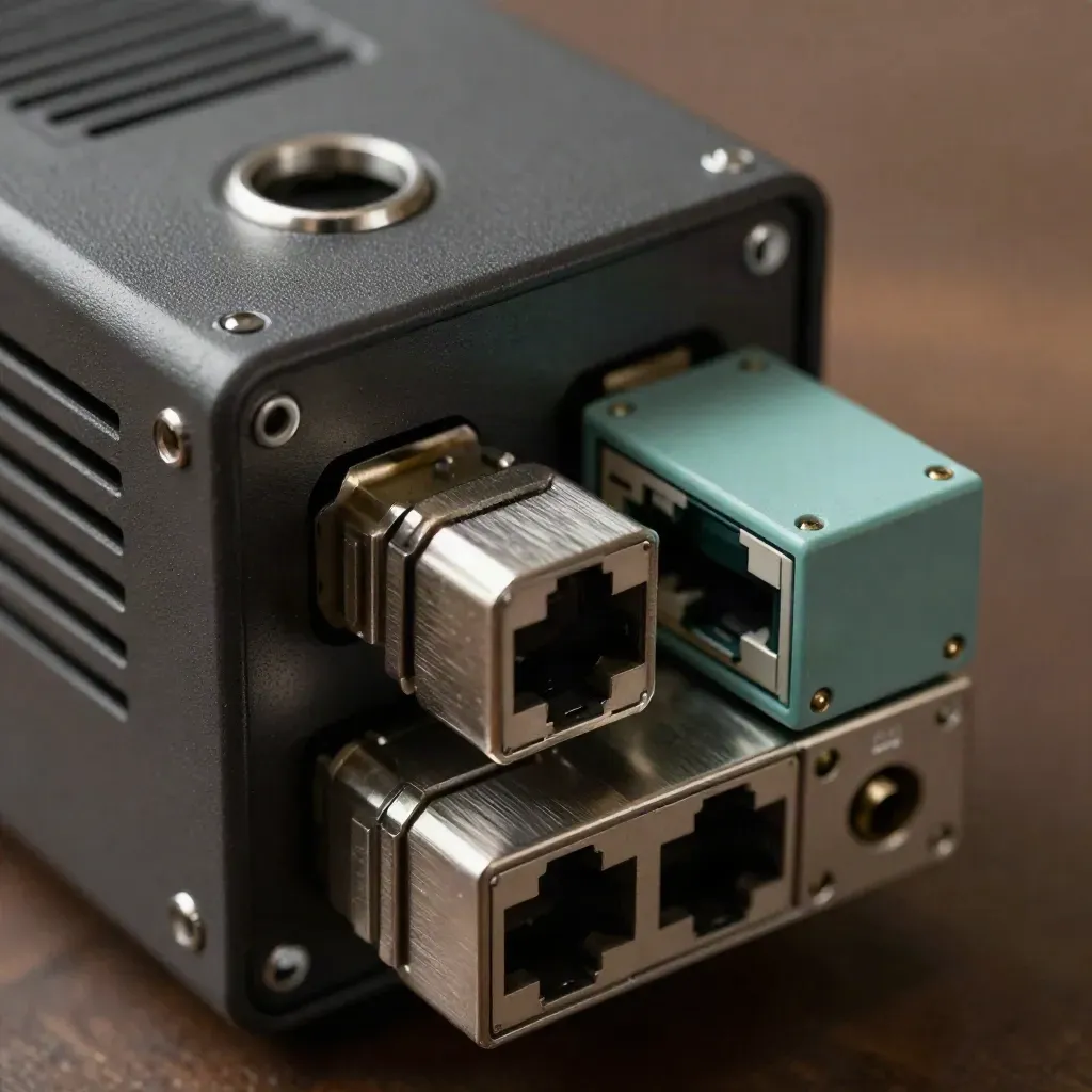Rugged web gateway kit with coupler and indicator block on brushed steel in dramatic studio light.