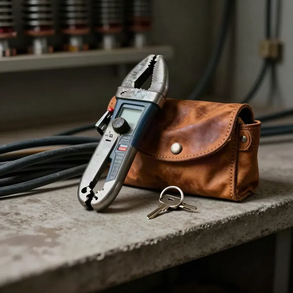 Clamp meter, leather pouch, and key ring on a concrete bench in dramatic low light