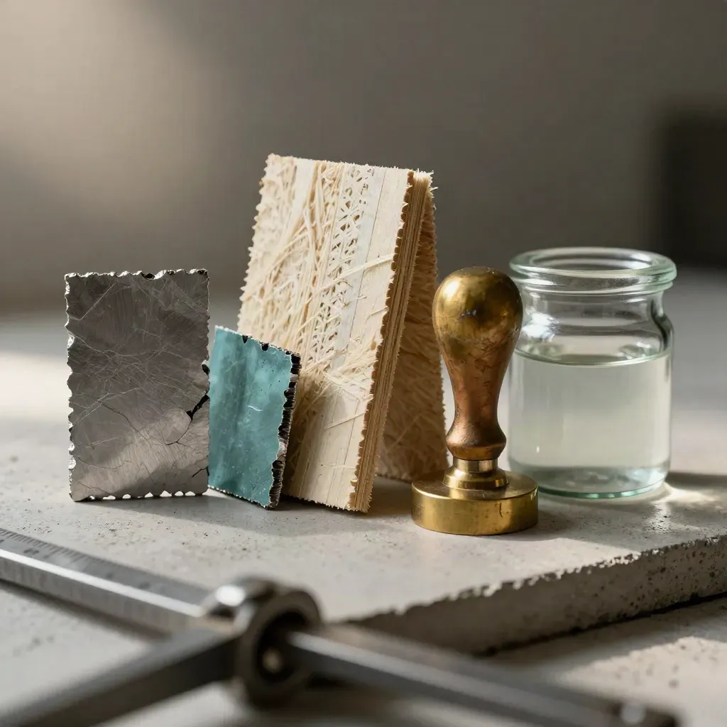 Recycled aluminium chips, fibreboard swatches, brass seal stamp, and glass jar on concrete