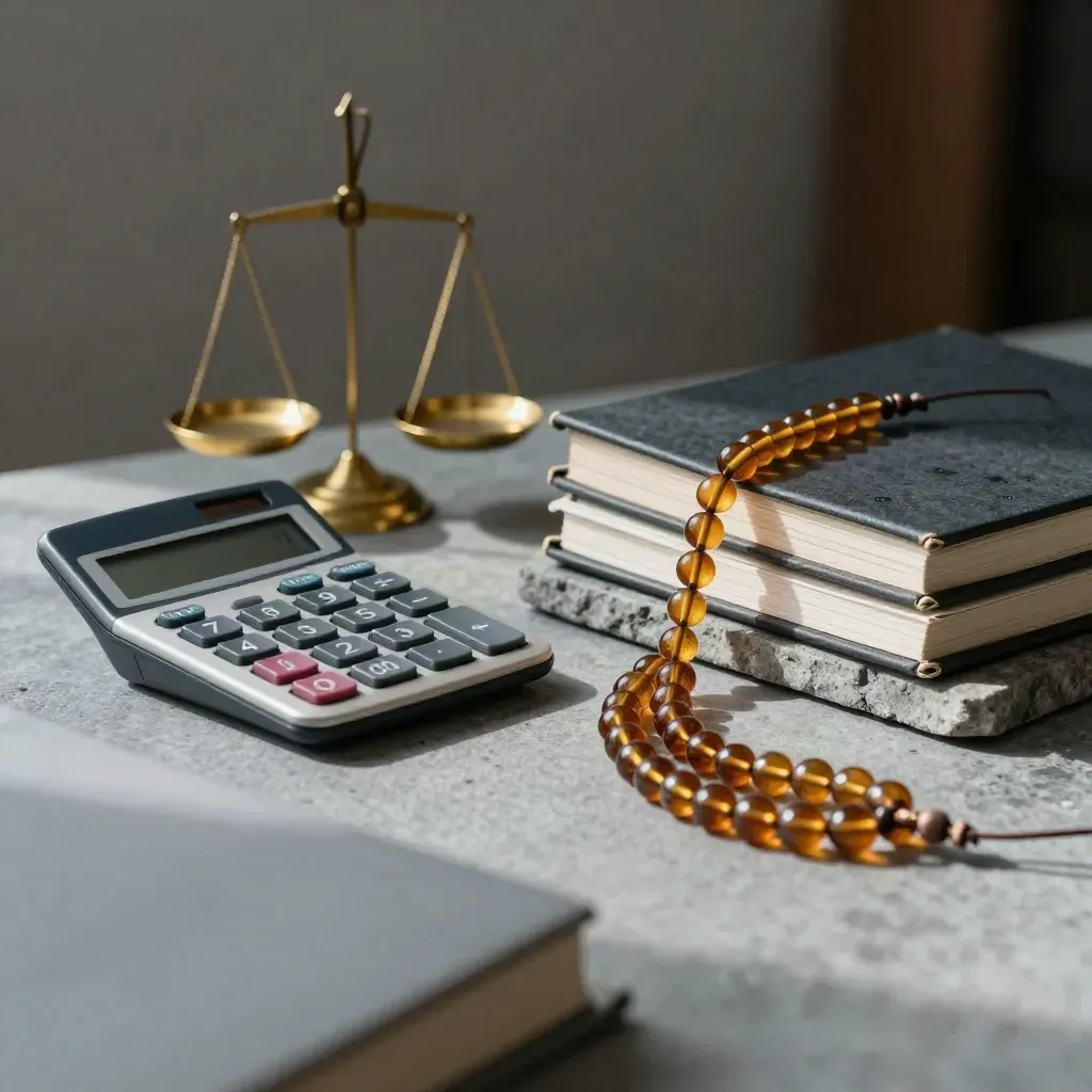 Calculator, brass weights, tally beads, and ledger binder on stone, seen through a file tray.