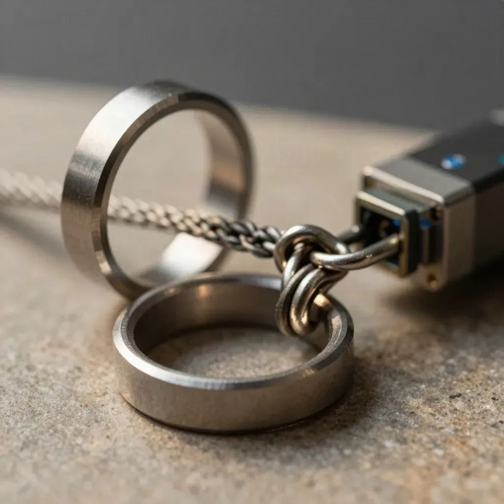 Macro of linked metal rings, cable loop, and a blue-accent module on pewter stone.