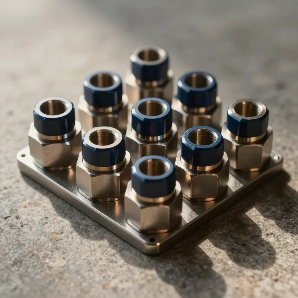 Precision connector blocks and steel couplers arranged on brushed stone with dramatic side light.