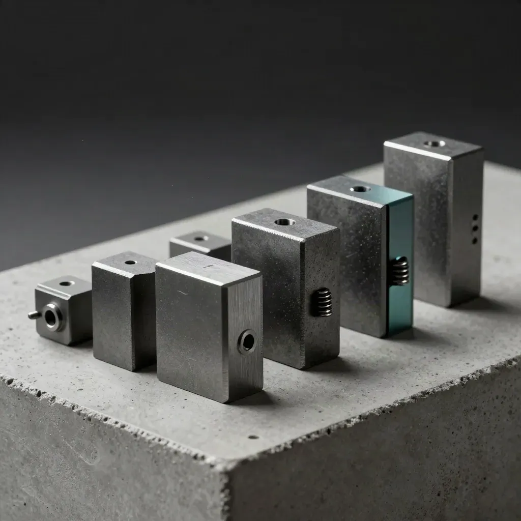 Graphite blocks, clips, and alignment pins on concrete with a teal accent