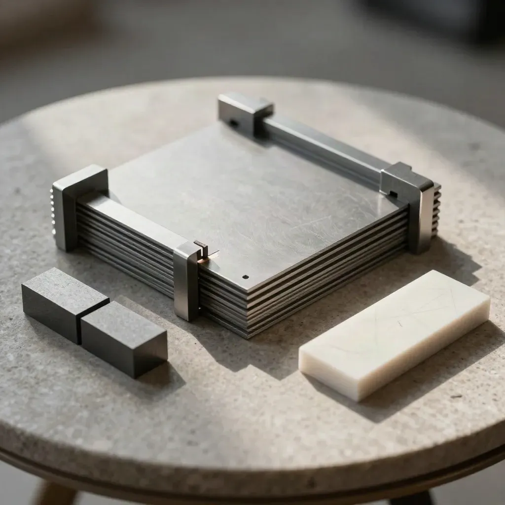 Top-down metal plates, corner clamps and spacer shim aligned on stone with soft directional light.