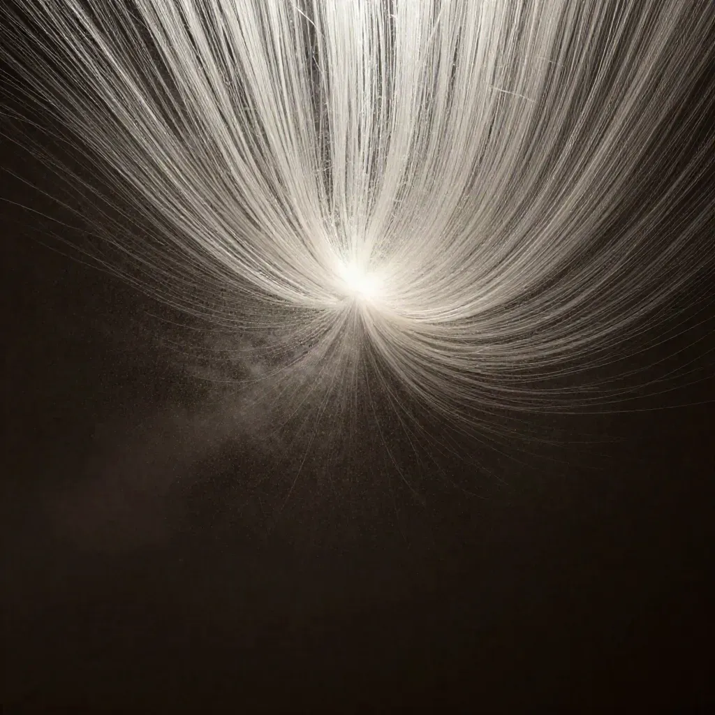 Silver particle streams bloom in dark haze with open space for copy.